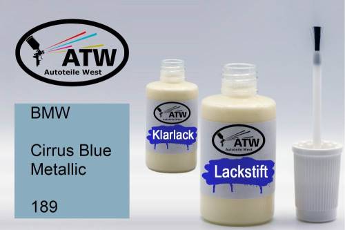 BMW, Cirrus Blue Metallic, 189: 20ml Lackstift + 20ml Klarlack - Set, von ATW Autoteile West.